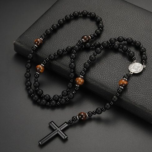 Black Rosary for Men, Christian Rosary Bead Cross Necklace, Matte Agate Beads Cross Pendant Necklace for Men, Praying Rosary Y Chain Necklace Jewelry (W) in Saudi Arabia