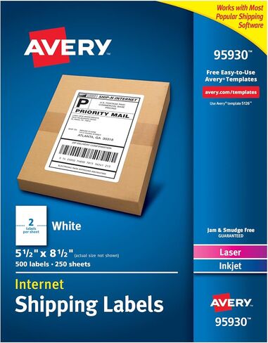 ملصقات عنوان الشحن من Avery، طابعات الليزر ونفث الحبر، 500 ملصق، ملصقات نصف ورقة، دائمة، عبوتان (95930) in Saudi Arabia