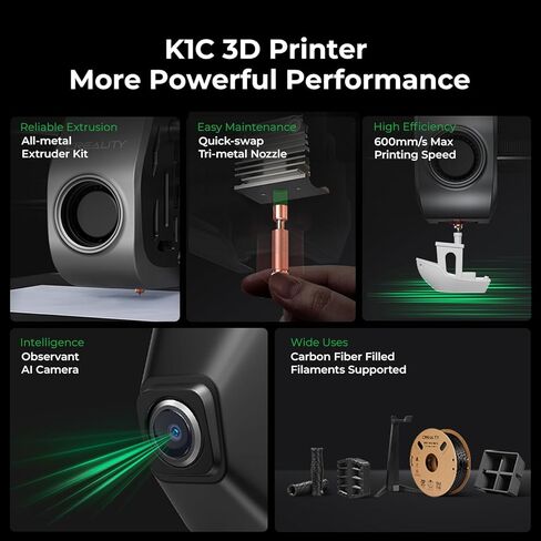 Creality K1C 3D Printer, 2024 New Version 600mm/s High-Speed Auto Leveling Clog-Free Robust Direct Extruder K1 Upgrade 3D Printer with AI Camera 300°C Printing Support Carbon Fiber Filaments in Saudi Arabia