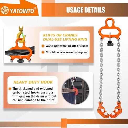 Updated Chain Drum Lifter 2200 lbs Load Capacity Works great with fork lifts or cranes Alloy Steel Frame G80 Galvanized Lifting Chain for Plastic and Metal Drum,Orange in Saudi Arabia