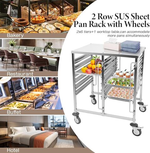 Bakers Rack, 2x6 Tiers Commercial Bakery Bun Pan Rack, Stainless Steel Sheet Pan Rack with Wheels & Top Table, Speed Cooling Storage Rack for Kitchen Restaurant,29.3" Lx21.6 Wx37.2 H in Kuwait