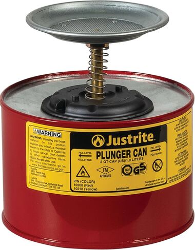 Justrite Plunger Can for Solvents, 2 Quarts Capacity, 7.4" x 7.25" Steel Push-Down Solvent Dispenser Can, Made in The USA Industrial Mechanic Tools, Red, 10208 in Saudi Arabia
