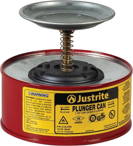 Justrite Plunger Can for Solvents, 2 Quarts Capacity, 7.4" x 7.25" Steel Push-Down Solvent Dispenser Can, Made in The USA Industrial Mechanic Tools, Red, 10208 in Saudi Arabia