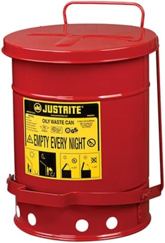Justrite 21 Gallon Galvanized Steel Oily Waste Can, 23.5" x 18" Metal Oil Rag Safety Can with Quiet Foot Operated Self-Closing Lid for Oil Rag Disposal, Made in The USA, Red, 09708 in Saudi Arabia