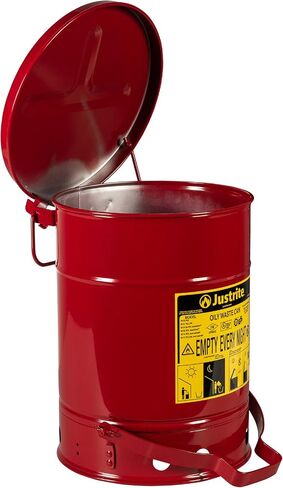 Justrite 21 Gallon Galvanized Steel Oily Waste Can, 23.5" x 18" Metal Oil Rag Safety Can with Quiet Foot Operated Self-Closing Lid for Oil Rag Disposal, Made in The USA, Red, 09708 in Saudi Arabia