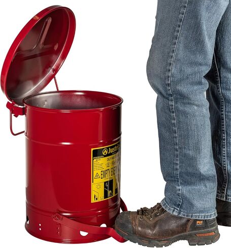 Justrite 21 Gallon Galvanized Steel Oily Waste Can, 23.5" x 18" Metal Oil Rag Safety Can with Quiet Foot Operated Self-Closing Lid for Oil Rag Disposal, Made in The USA, Red, 09708 in Saudi Arabia