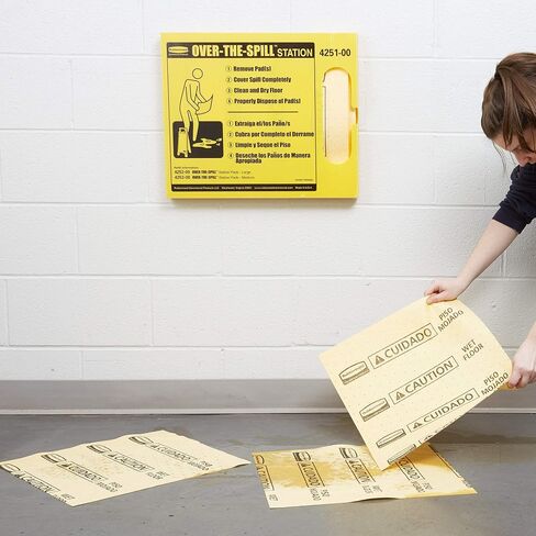 Rubbermaid Commercial Over-the-Spill Pad Station, Medium, Highly Absorbent, Slip-Resistant, "Caution Wet Floor", Yellow (FG425300YEL) in Saudi Arabia