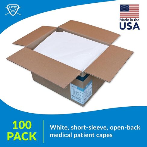 Avalon Standard Capes, White (Pack of 100) ― Tissue/Poly/Tissue ― Short-Sleeve, Open-Back Exam Capes ― Short, Disposable Medical Gowns ― Standard Size (30" x 21") ― Latex-Free Medical Supplies (911) in Saudi Arabia