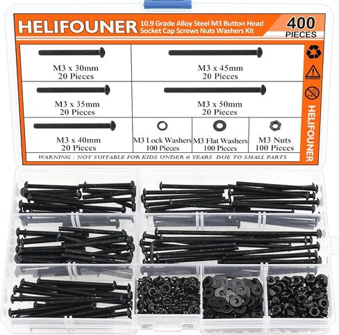 400 Pieces M3 x 30mm /35mm /40mm /45mm /50mm, Hex Socket Head Cap Metric Screws Bolts Washers Nuts Kit, 12.9 Grade Alloy Steel, Fully Threaded, Black in Saudi Arabia