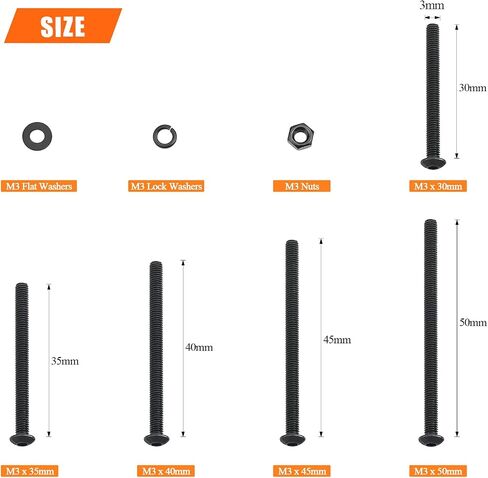 400 Pieces M3 x 30mm /35mm /40mm /45mm /50mm, Hex Socket Head Cap Metric Screws Bolts Washers Nuts Kit, 12.9 Grade Alloy Steel, Fully Threaded, Black in Saudi Arabia