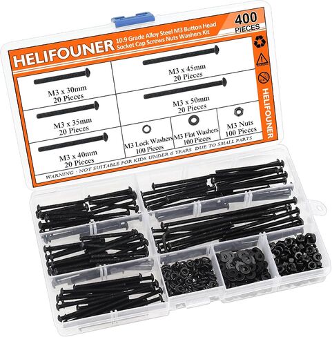 400 Pieces M3 x 30mm /35mm /40mm /45mm /50mm, Hex Socket Head Cap Metric Screws Bolts Washers Nuts Kit, 12.9 Grade Alloy Steel, Fully Threaded, Black in Saudi Arabia