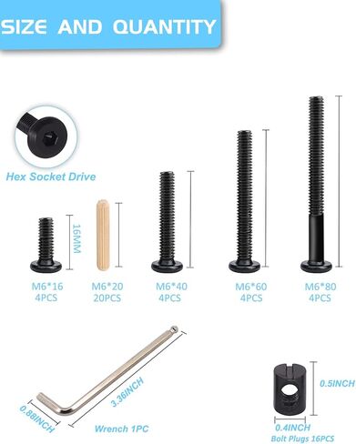 Crib Screws Hardware Replacement Kit - 16 Set Baby Bed Frame Bolts,Barrel Nuts&Wooden Dowel Pins Set - M6x16/40/60/80 mm Hex Drive Socket Cap Screws Nuts for Beds Headboards Chairs Furniture in Kuwait