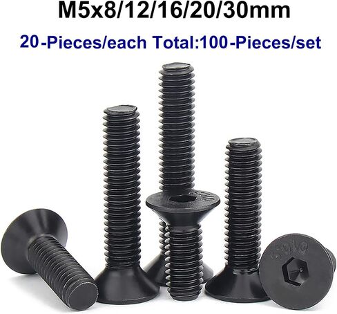 35PCS Grade 10.9 Alloy Steel Flat Head Hex Socket Cap Screws Bolts, Metric M8 x 16/20/25/30/40mm Allen Head Hex Drive Machine Screws Set with Hex Key, Black Oxide, Fully Threaded Pitch : 1.25mm in Kuwait
