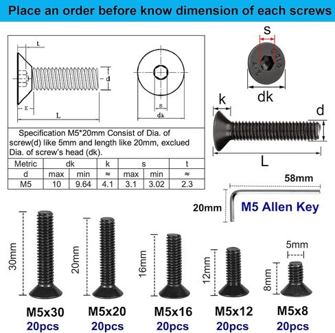 35PCS Grade 10.9 Alloy Steel Flat Head Hex Socket Cap Screws Bolts, Metric M8 x 16/20/25/30/40mm Allen Head Hex Drive Machine Screws Set with Hex Key, Black Oxide, Fully Threaded Pitch : 1.25mm in Kuwait
