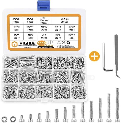 VIGRUE 1110PCS M3 Hex Socket Head Cap Screws Nuts Kit, M3 x 4/5/6/8/10/12/14/16/18/20/25/30mm Stainless Steel Screws Assortment Set w/Allen Wrench and Tip Curved Tweezer in Kuwait