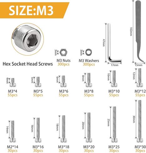 VIGRUE 1110PCS M3 Hex Socket Head Cap Screws Nuts Kit, M3 x 4/5/6/8/10/12/14/16/18/20/25/30mm Stainless Steel Screws Assortment Set w/Allen Wrench and Tip Curved Tweezer in Kuwait