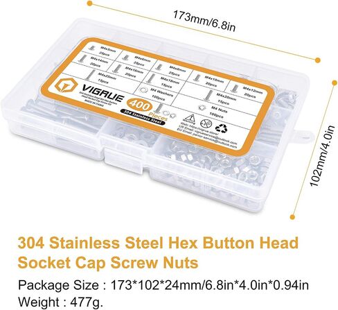 VIGRUE 1110PCS M3 Hex Socket Head Cap Screws Nuts Kit, M3 x 4/5/6/8/10/12/14/16/18/20/25/30mm Stainless Steel Screws Assortment Set w/Allen Wrench and Tip Curved Tweezer in Kuwait