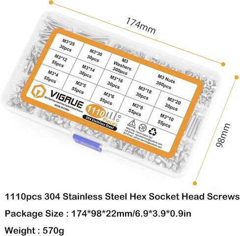 VIGRUE 1110PCS M3 Hex Socket Head Cap Screws Nuts Kit, M3 x 4/5/6/8/10/12/14/16/18/20/25/30mm Stainless Steel Screws Assortment Set w/Allen Wrench and Tip Curved Tweezer in Kuwait