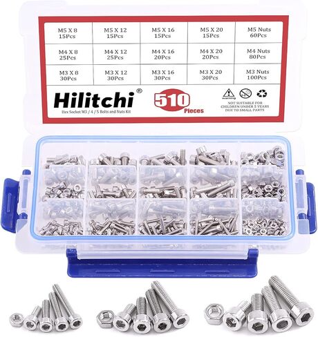 Hilitchi 510pcs M3 M4 M5 Stainless Steel Flat Head Hex Socket Head Cap Bolts Screws Nuts Assortment Kit - 304 Stainless Steel (Flat Head) in Saudi Arabia