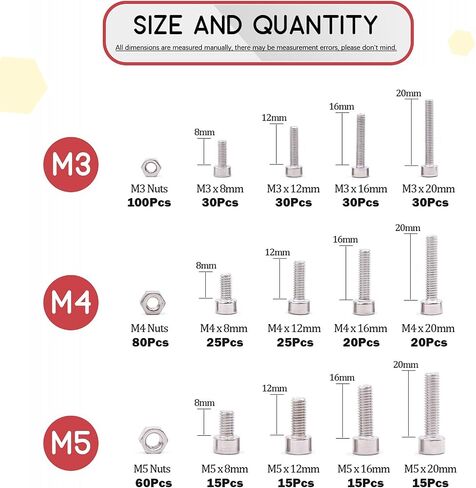 Hilitchi 510pcs M3 M4 M5 Stainless Steel Flat Head Hex Socket Head Cap Bolts Screws Nuts Assortment Kit - 304 Stainless Steel (Flat Head) in Saudi Arabia