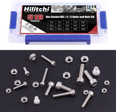 Hilitchi 510pcs M3 M4 M5 Stainless Steel Flat Head Hex Socket Head Cap Bolts Screws Nuts Assortment Kit - 304 Stainless Steel (Flat Head) in Saudi Arabia