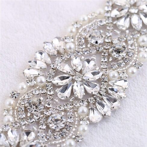 خياطة على فستان الزفاف من حجر الراين الكريستالي وشاح مزين بالترتر المرصع بالجواهر والماس والزينة الساخنة بالكي لفساتين وصيفات العروس وحفلات التخرج وحزام رسمي وهدايا تذكار للعروس - فضي in Kuwait