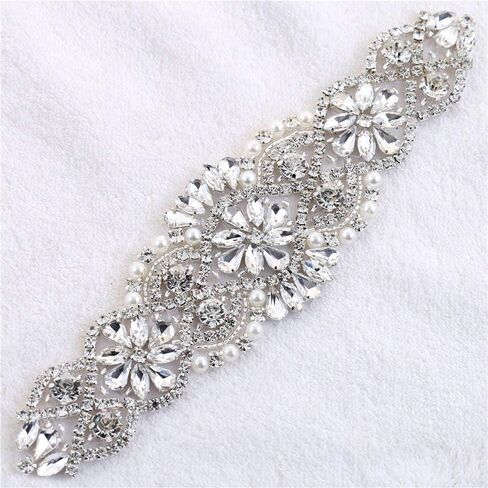 خياطة على فستان الزفاف من حجر الراين الكريستالي وشاح مزين بالترتر المرصع بالجواهر والماس والزينة الساخنة بالكي لفساتين وصيفات العروس وحفلات التخرج وحزام رسمي وهدايا تذكار للعروس - فضي in Kuwait