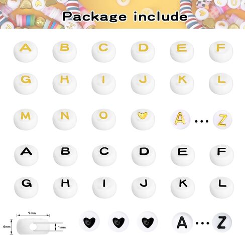 QUEFE 2940pcs Gold Letter Beads for Bracelets, 78 Styles Alphabet Beads with Colorful Heart Beads for Bracelets and Jewelry Making (4x7mm, White & Colorful & Gold) in Kuwait
