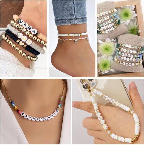 QUEFE 2940pcs Gold Letter Beads for Bracelets, 78 Styles Alphabet Beads with Colorful Heart Beads for Bracelets and Jewelry Making (4x7mm, White & Colorful & Gold) in Kuwait