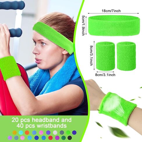 60 Pieces Sweatbands Set Includes 20 Pieces Sports Headband and 40 Pieces Wristbands Sweatbands Colorful Terry Cloth Wristbands for Working out Tennis Gym 80s Sweat Band for Athletic Men and Women in Saudi Arabia