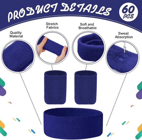 60 Pieces Sweatbands Set Includes 20 Pieces Sports Headband and 40 Pieces Wristbands Sweatbands Colorful Terry Cloth Wristbands for Working out Tennis Gym 80s Sweat Band for Athletic Men and Women in Saudi Arabia