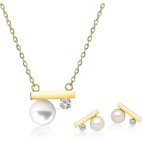 Pearl Necklace and Earring Set, 18K Gold Plated Earrings and Necklace Set for Women, Dainty Freshwater Pearl Jewelry Set for Women Gift in Saudi Arabia