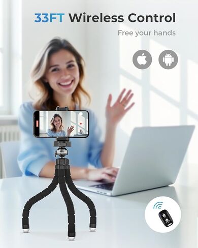Ubeesize Flexible Mini Phone Tripod, Portable and Adjustable Camera Stand Holder with Wireless Remote and Universal Clip, Compatible with Cellphones, Sports Cameras in Kuwait