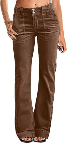 Flamingals Women's Corduroy Dual Button Zip Fly Flare Pants Mid Waist Casual Pants in Kuwait