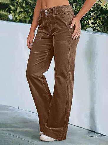 Flamingals Women's Corduroy Dual Button Zip Fly Flare Pants Mid Waist Casual Pants in Kuwait