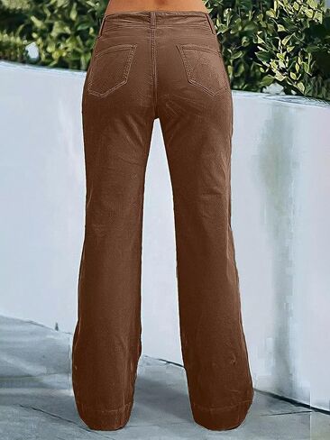 Flamingals Women's Corduroy Dual Button Zip Fly Flare Pants Mid Waist Casual Pants in Kuwait