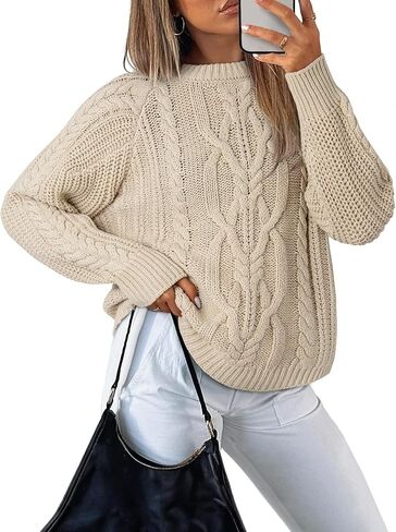 EVALESS Womens Sweaters Casual Crewneck Long Sleeve Cable Knit Chunky Lightweight Oversized Sweater Pullover Outfits in Saudi Arabia