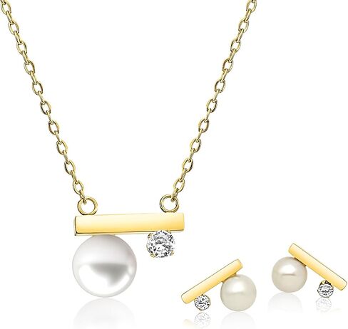 Pearl Necklace and Earring Set, 18K Gold Plated Earrings and Necklace Set for Women, Dainty Freshwater Pearl Jewelry Set for Women Gift in Saudi Arabia
