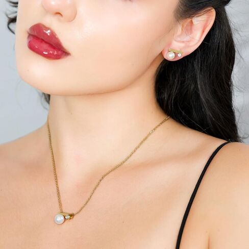 Pearl Necklace and Earring Set, 18K Gold Plated Earrings and Necklace Set for Women, Dainty Freshwater Pearl Jewelry Set for Women Gift in Saudi Arabia