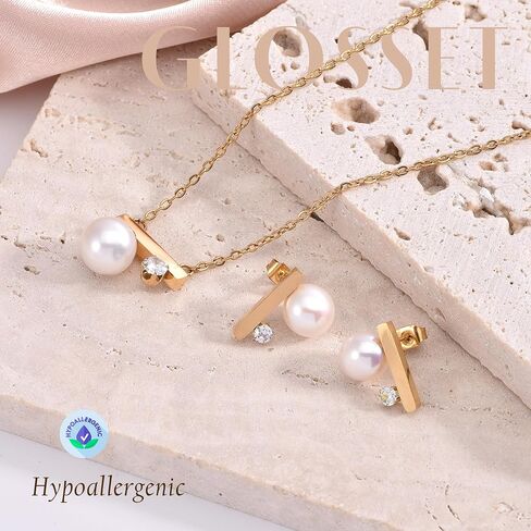 Pearl Necklace and Earring Set, 18K Gold Plated Earrings and Necklace Set for Women, Dainty Freshwater Pearl Jewelry Set for Women Gift in Saudi Arabia