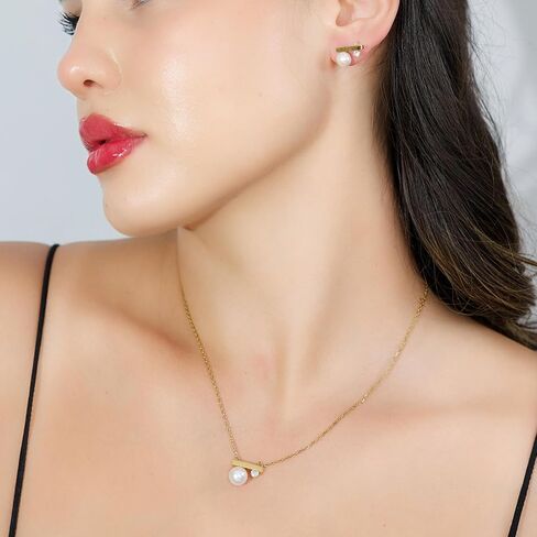 Pearl Necklace and Earring Set, 18K Gold Plated Earrings and Necklace Set for Women, Dainty Freshwater Pearl Jewelry Set for Women Gift in Saudi Arabia