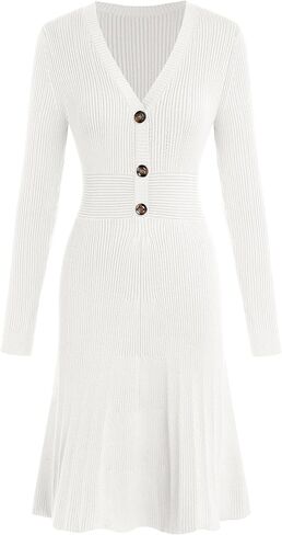 ZAFUL Women's Long Sleeve Sweater Dresses Fall V-Neck Button Ribbed Knitted A-Line Swing Midi Dress 2025 Trendy in Saudi Arabia