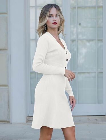 ZAFUL Women's Long Sleeve Sweater Dresses Fall V-Neck Button Ribbed Knitted A-Line Swing Midi Dress 2025 Trendy in Saudi Arabia