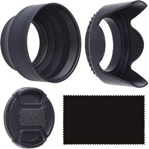 58mm Set of 2 Camera Lens Hoods and 1 Lens Cap - Rubber (Collapsible) + Tulip Flower - Sun Shade/Shield - Reduces Lens Flare and Glare - Blocks Excess Sunlight (58 mm, Rubber Hood + Tullip Hood + Cap) in Kuwait