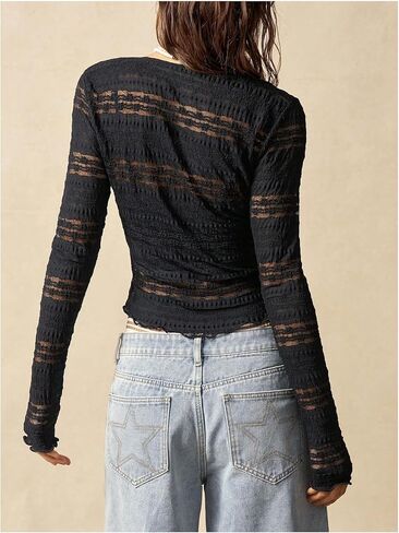 SOLY HUX Women's Button Down Lace Sheer Blouse Long Sleeve V Neck Shirt Tops Coquette Aesthetic Clothes in Saudi Arabia