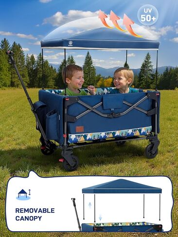 EVER ADVANCED Foldable into Bag Travel Wagon Stroller for 2 Kids & Cargo, Collapsible Toddler Wagon with Removable Canopy, Adjustable 5-Point Harness, Lightweight Carry-on Stroller for Airplane Grey in Kuwait