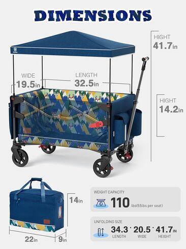EVER ADVANCED Foldable into Bag Travel Wagon Stroller for 2 Kids & Cargo, Collapsible Toddler Wagon with Removable Canopy, Adjustable 5-Point Harness, Lightweight Carry-on Stroller for Airplane Grey in Kuwait