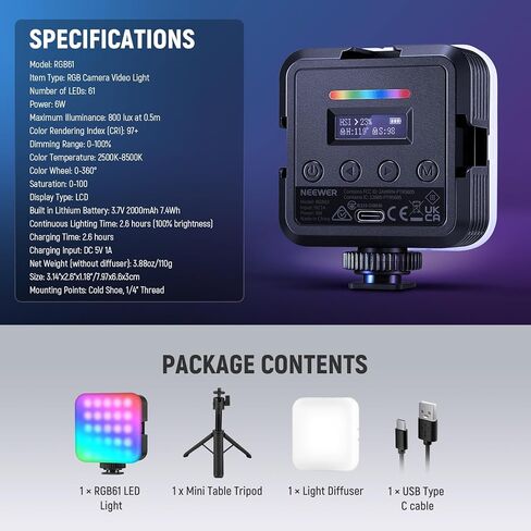 NEEWER LED Video Light, Portable Bi-Color 3200K~5600K Dimmable Camera Soft Lights with 3 Cold Shoes, CRI 97+, 8 Scene Modes, 2000mAh Rechargeable Battery for Gaming/YouTube/Vlog/Photography - NL-36AI in Kuwait