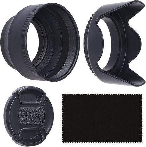 58mm Set of 2 Camera Lens Hoods and 1 Lens Cap - Rubber (Collapsible) + Tulip Flower - Sun Shade/Shield - Reduces Lens Flare and Glare - Blocks Excess Sunlight (58 mm, Rubber Hood + Tullip Hood + Cap) in Saudi Arabia