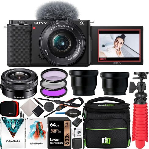هيكل كاميرا Sony ZV-E10 بدون مرآة Alpha APS-C Vlog و18-105 مم F4 E PZ G OSS Power Zoom G Lens SELP18105G ILCZV-E10/B حزمة سوداء مع علبة تروس ديكو، بطارية إضافية، مجموعة ملحقات صور الفيديو in Saudi Arabia